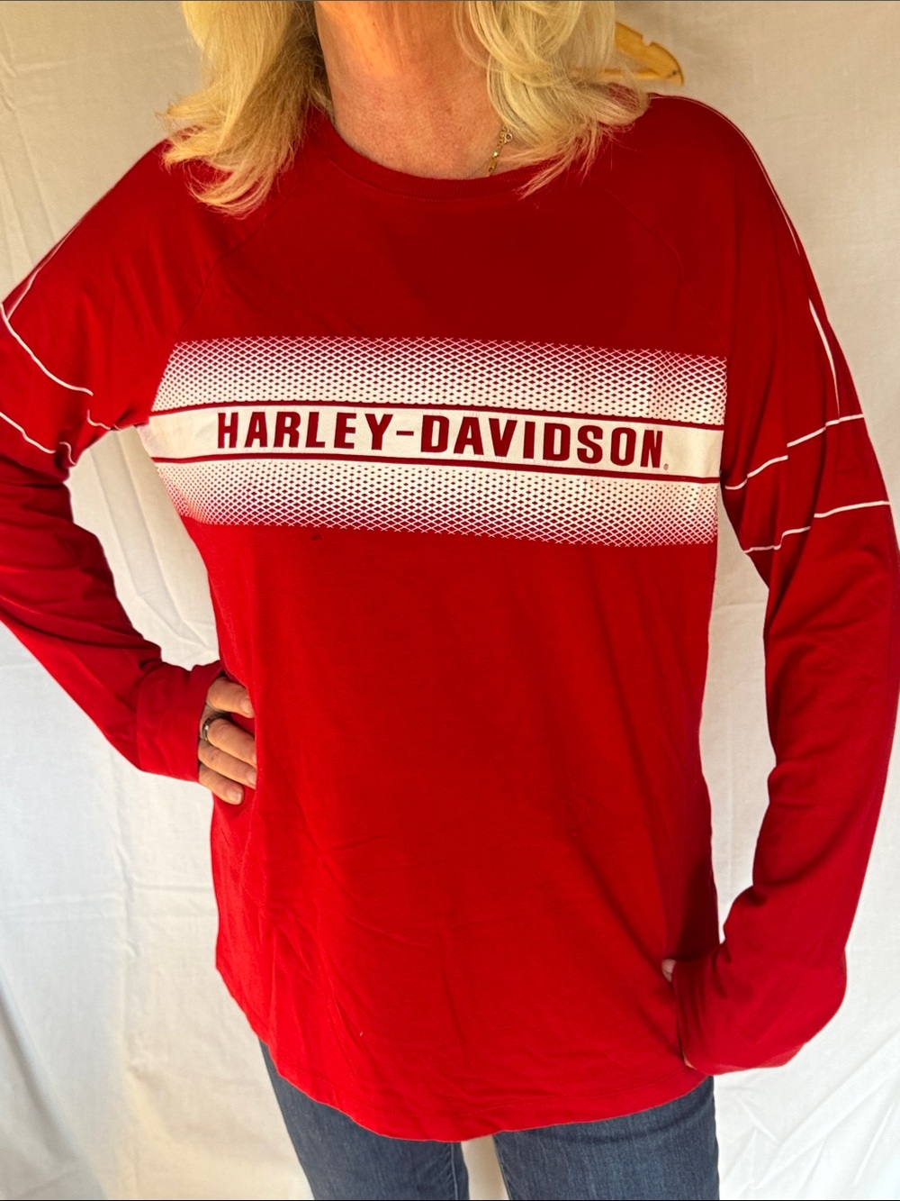 Harley-Davidson Women's Red Long Sleeve Tee with White Logo Stripe